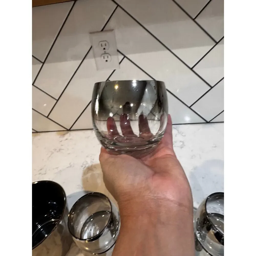 Mid-Century Modern Silver Ombre roly-poly cocktail set 8 cups w/ ice bucket 60s